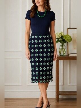 J. Crew Navy Crochet Pencil Skirt with Green & White Floral Motif,  6